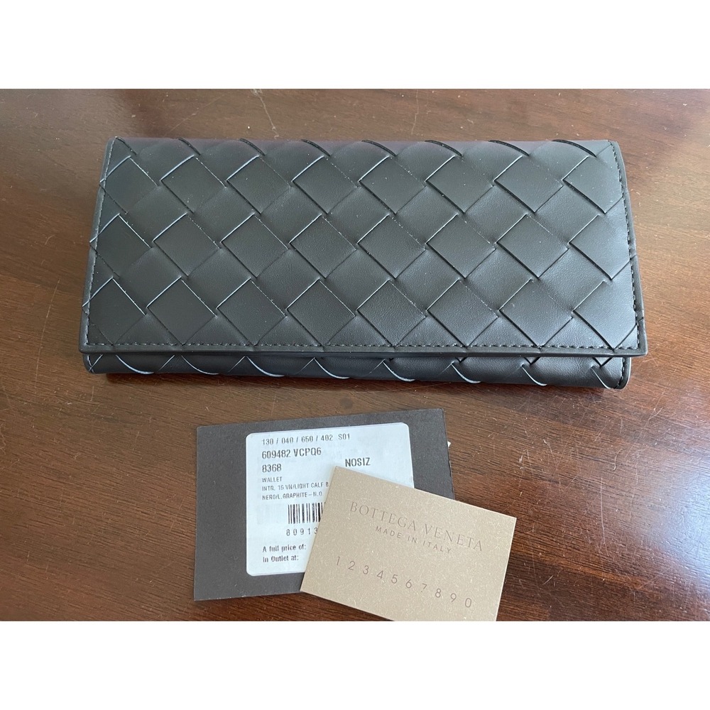 Bottega Veneta 609402‎ Leather Large weave intrecciato Black and Gray Wallet